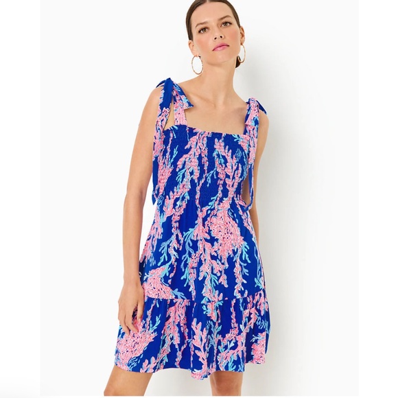 NWT LILLY PULITZER KAILUA SMOCKED DRESS BOREALIS  BLUE SWIM ON OVER L - Picture 4 of 6